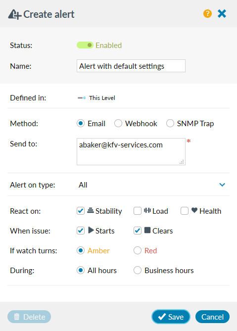 Create Alert with default settings