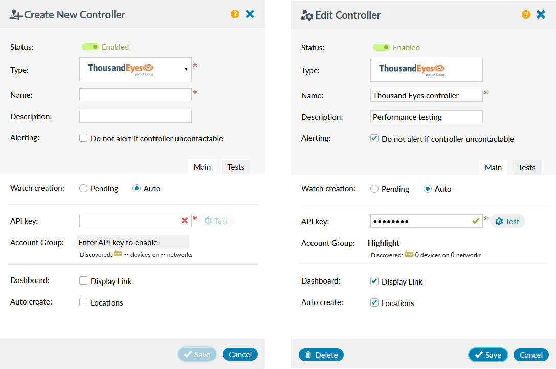 SD-WAN create or edit Thousand Eyes controller panel