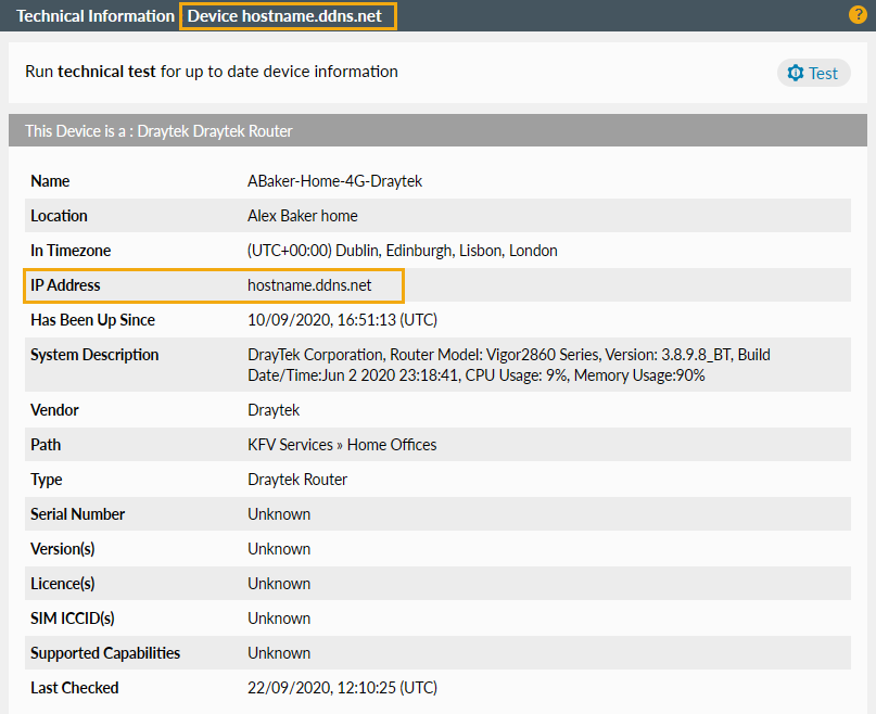 Example of tech info panel showing hostname