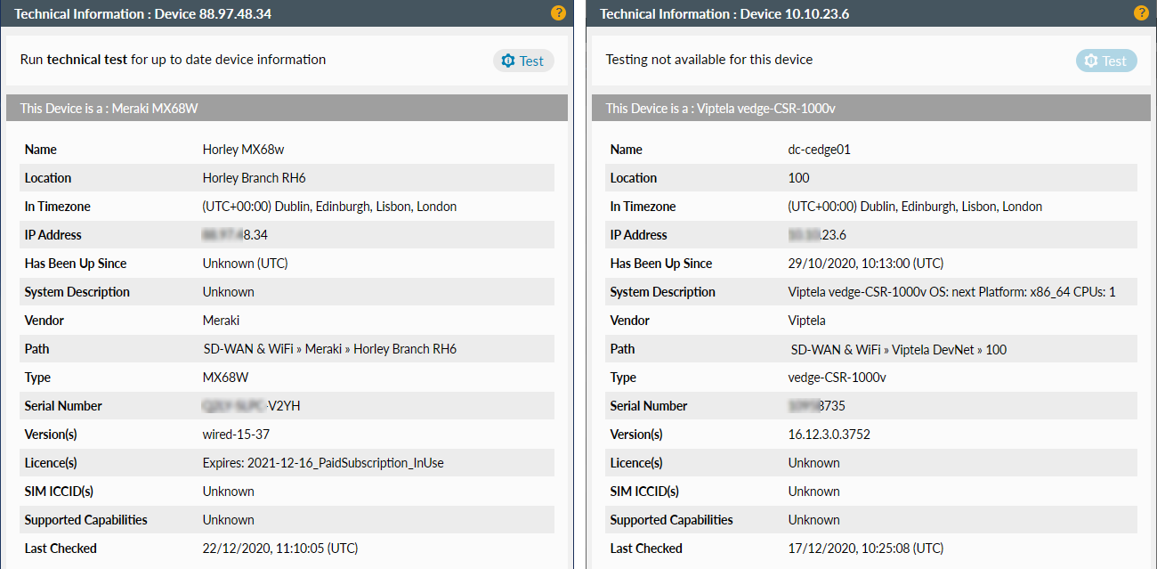 Tech Info panels for Meraki and Viptela SD-WAN devices