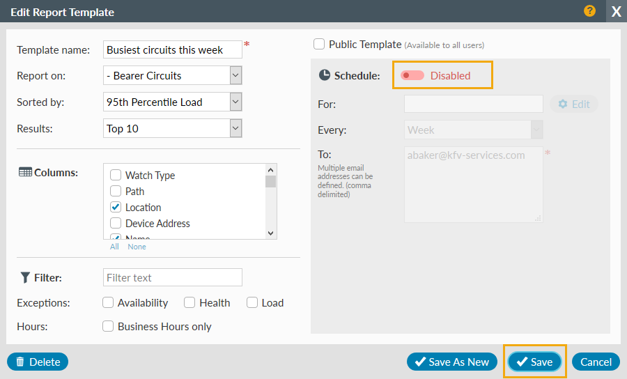 Edit scheduled report dialog